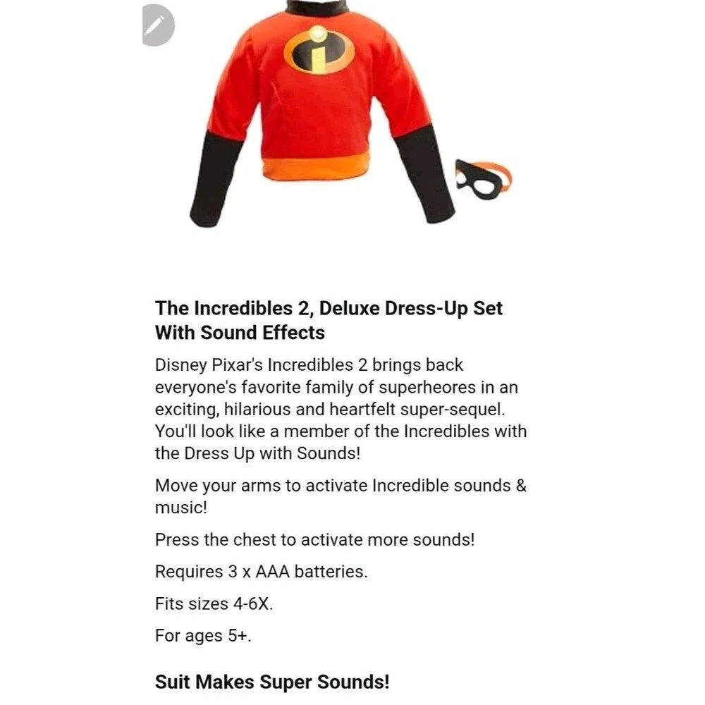 Pixar Incredibles 2 Violet / Dash Child Costume Shirt + Mask W/ SOUNDS size 4-6x